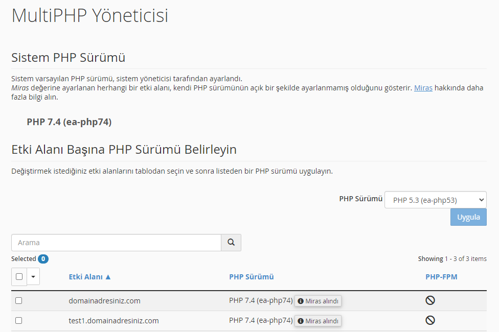 cPanel MultiPHP Yöneticisi